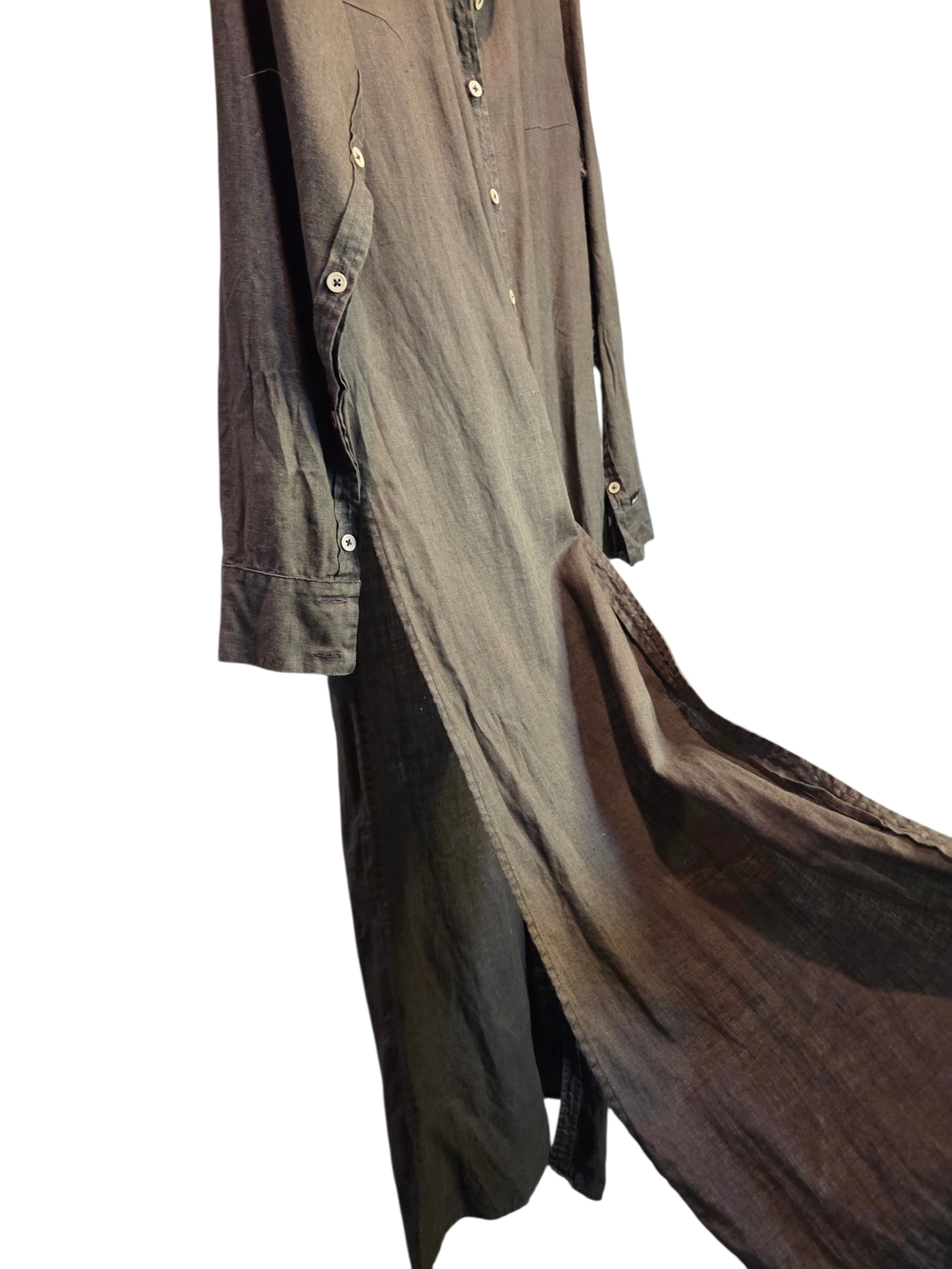 Lu.el Linen Long Button-Front Shirt Dress / Duster in Charcoal Gray - Picture 5 of 5